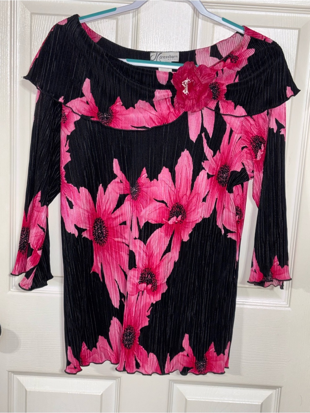 dressbarn Black Top with Bright Pink Floral Print